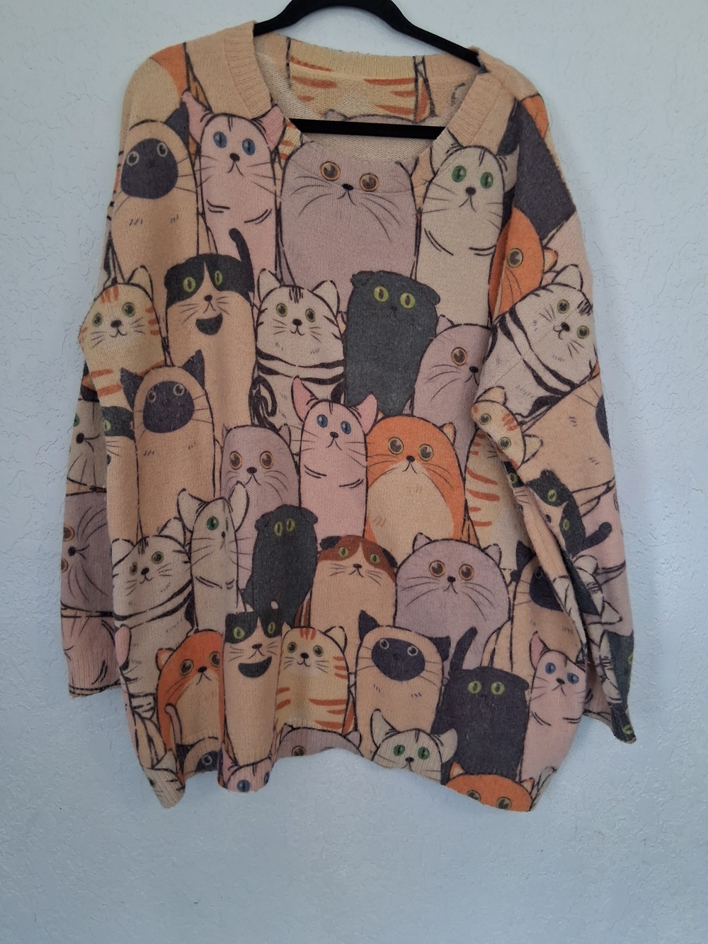 Novelty All Over Print Cats Knit Sweater Cotton Wool Blend Tan Oversized
